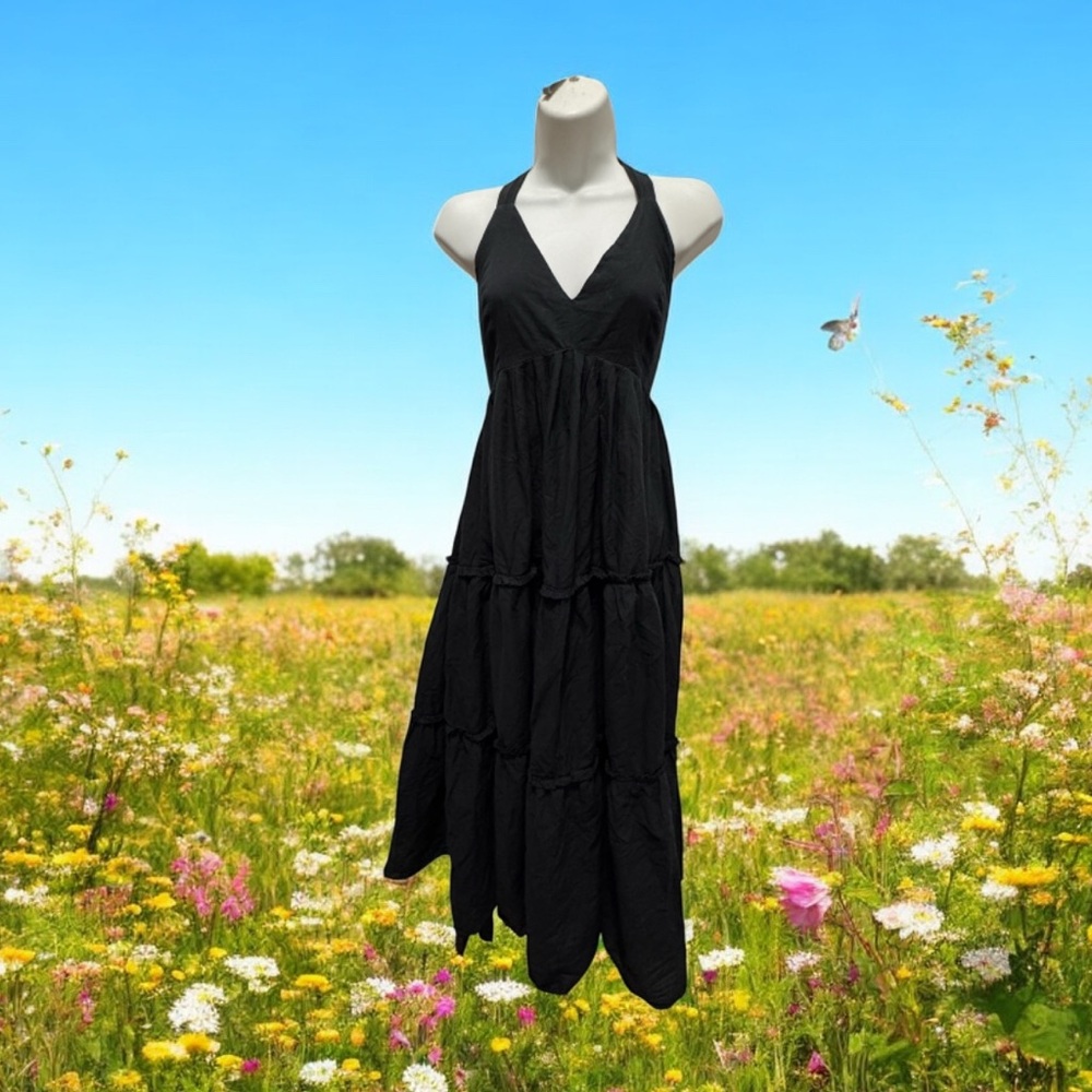 Seema Kahai tiered Black Midi Dress with open tie back size large